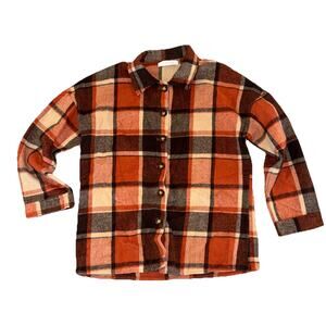 UNISHE Plaid Flannel Shirt Jacket Women Size L Orange Brown Shacket Cozy